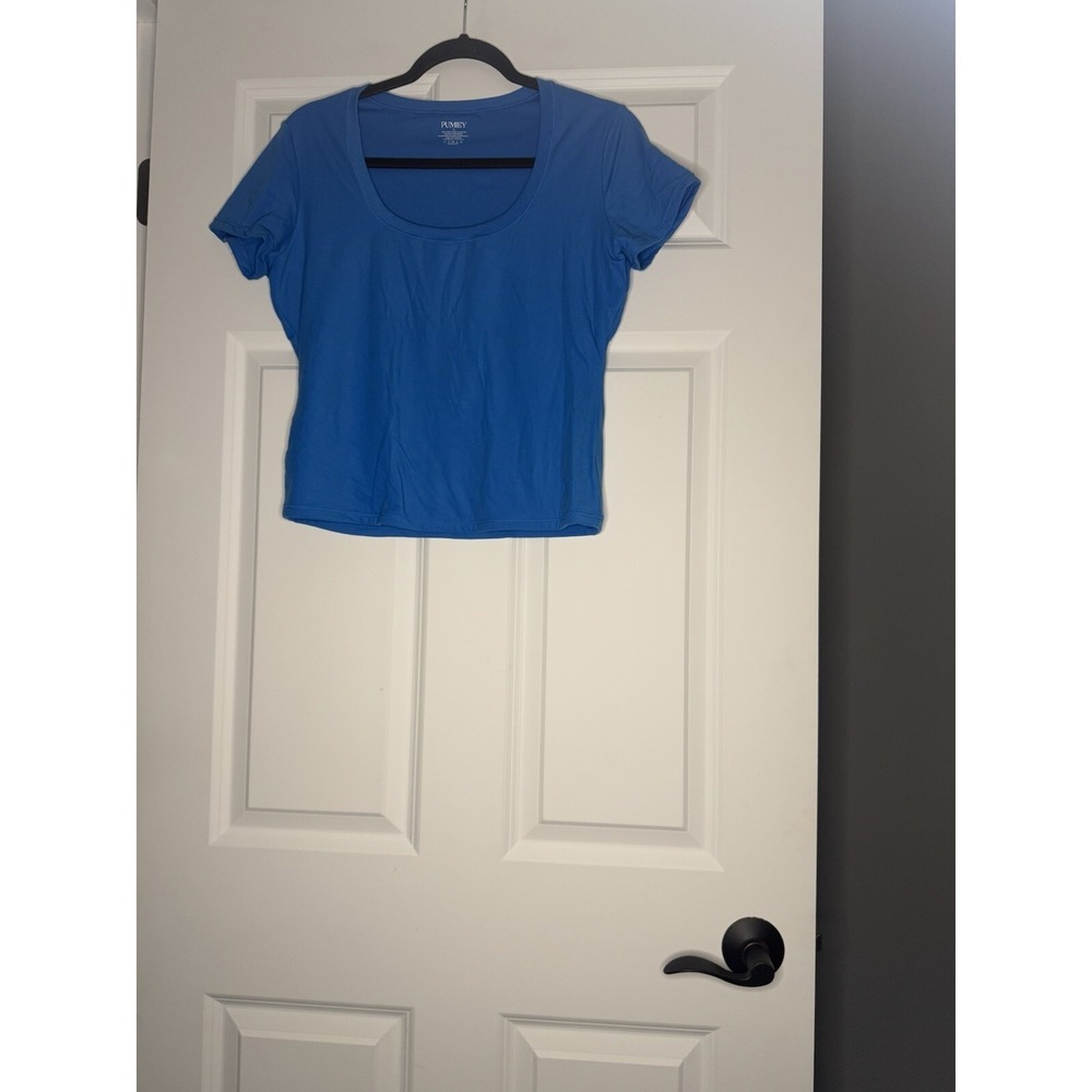 Pumiey Scoop Neck Short Sleeve Crop Top Stretchy T Shirt Xl Blue